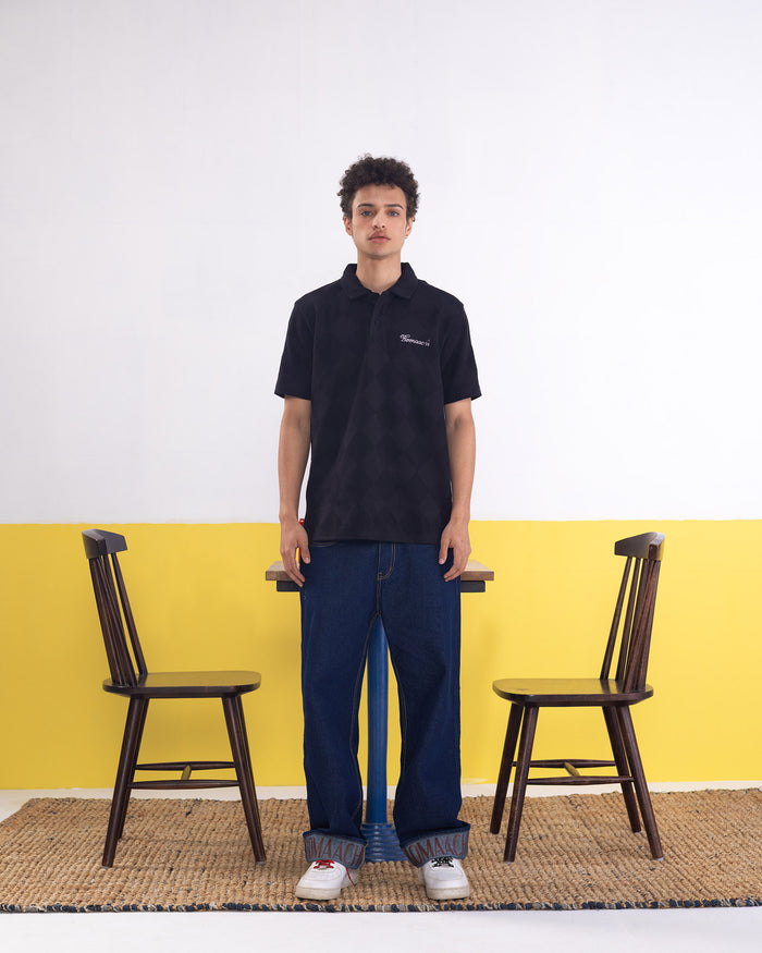 Textured Polo Black T-shirt (Regular Fit)