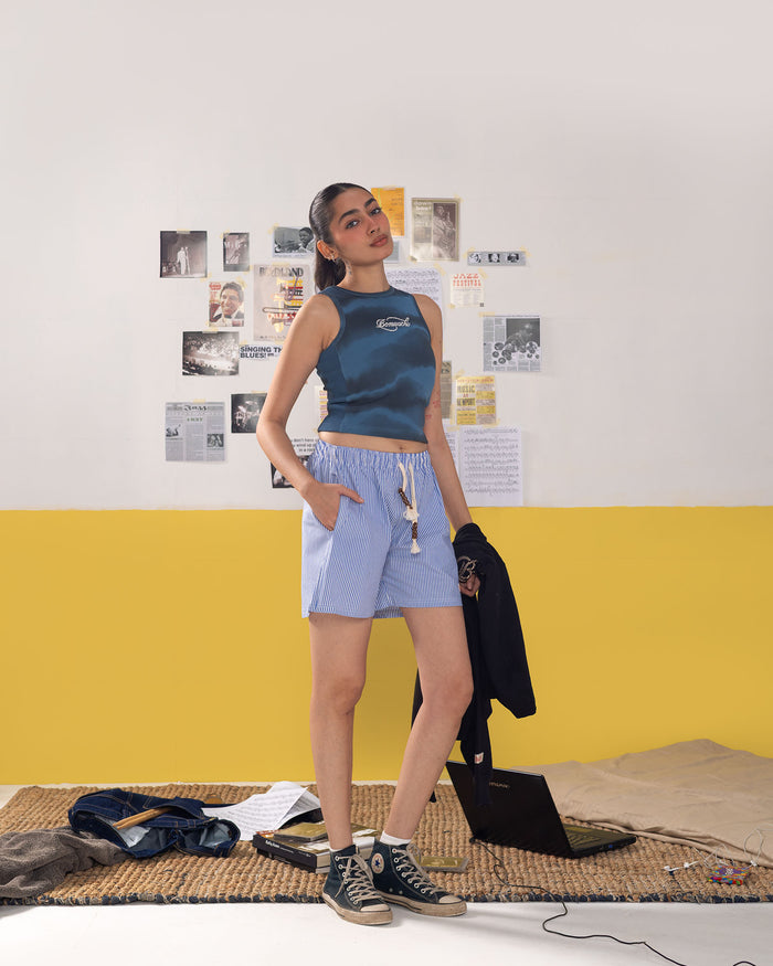 Rope Embroidered Blue Tank Top