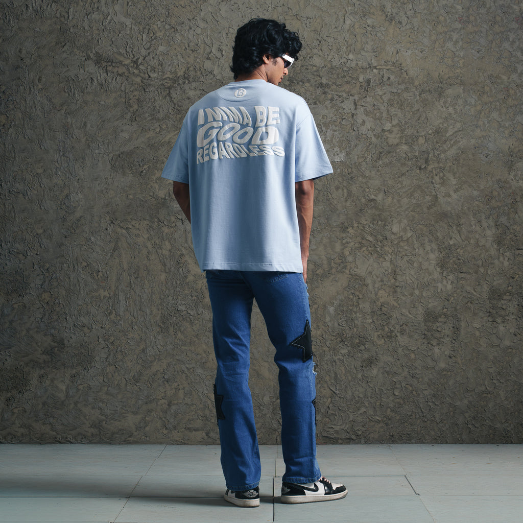 Don't Worry Printed Powder Blue T-shirt